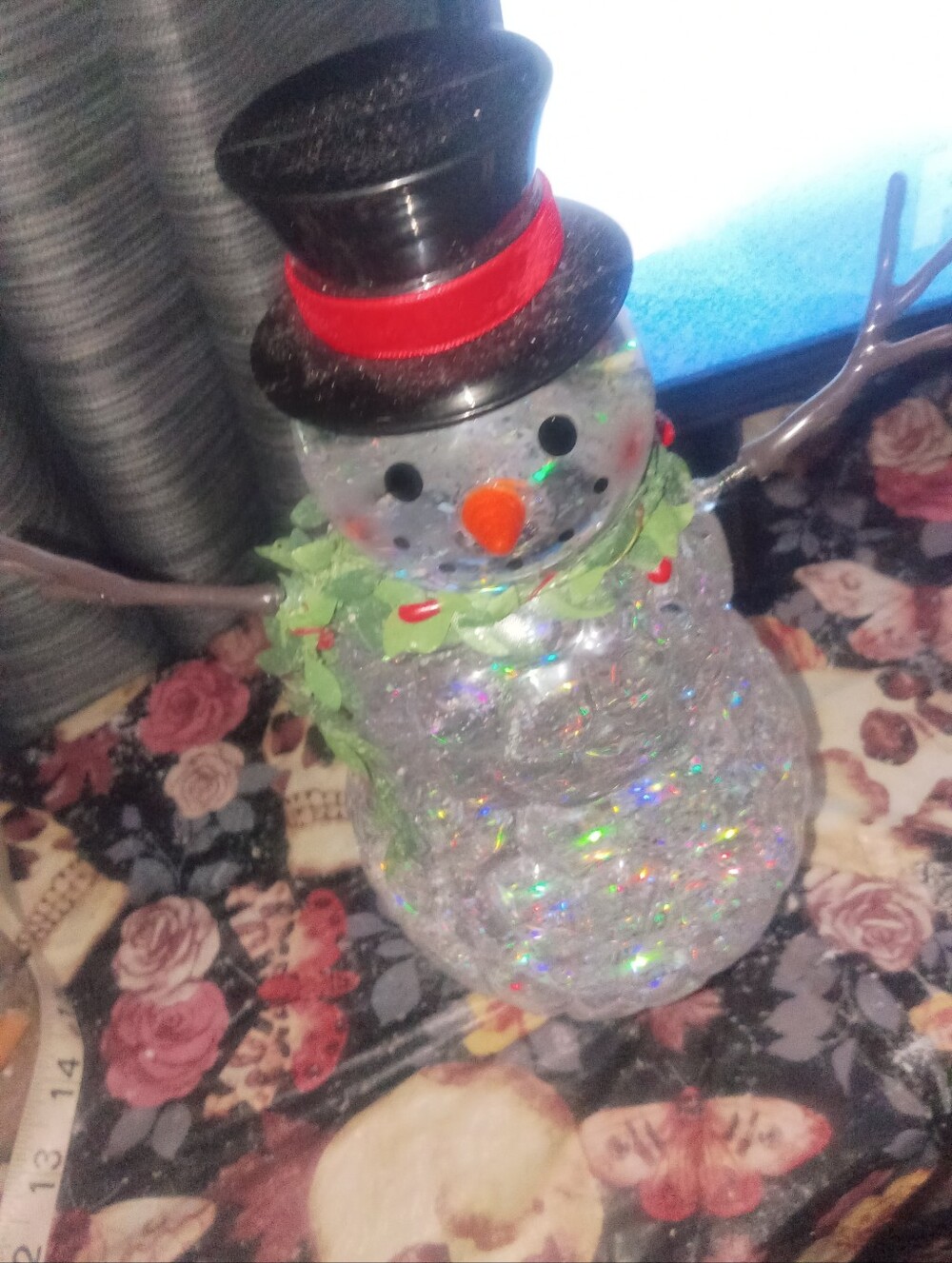 Festive Clear Glitter Snowman Figurine with Black Top Hat , Light Up LED